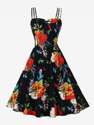 Vintageklänning 1950-tals Audrey Hepburn-stil Rygglös Ärmlös Kvinnors Knälång Blommönster Rockabilly-klänning