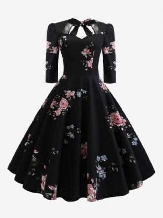 Vintageklänning För Kvinnor 1950-tals Audrey Hepburn-stil Sweetheart Neck Snörning Layered 3/4 Långa Ärmar Medelstort Blommönster Rockabilly Dress