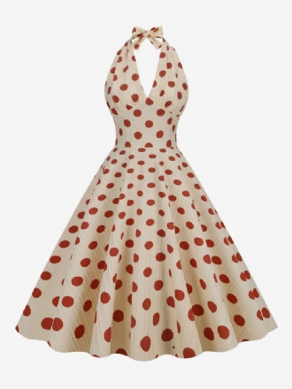 Vintageklänning För Kvinnor Röd 1950-tals Audrey Hepburn-stil Polka Dot Plisserad Ärmlös V-ringad Medium Swing Klänning