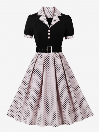 Vintageklänning För Kvinnor Rosa Prickig 1950-tals Audrey Hepburn-stil Sash Kort Ärm V-hals Knälång Svängklänning