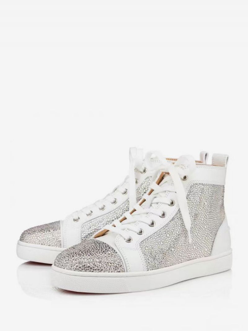 Fritidsskor För Män Vit Rund Tå Rhinestones Slip-on High Top Sneakers