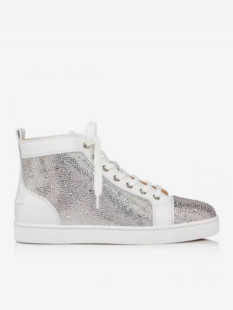 Fritidsskor För Män Vit Rund Tå Rhinestones Slip-on High Top Sneakers - Vit