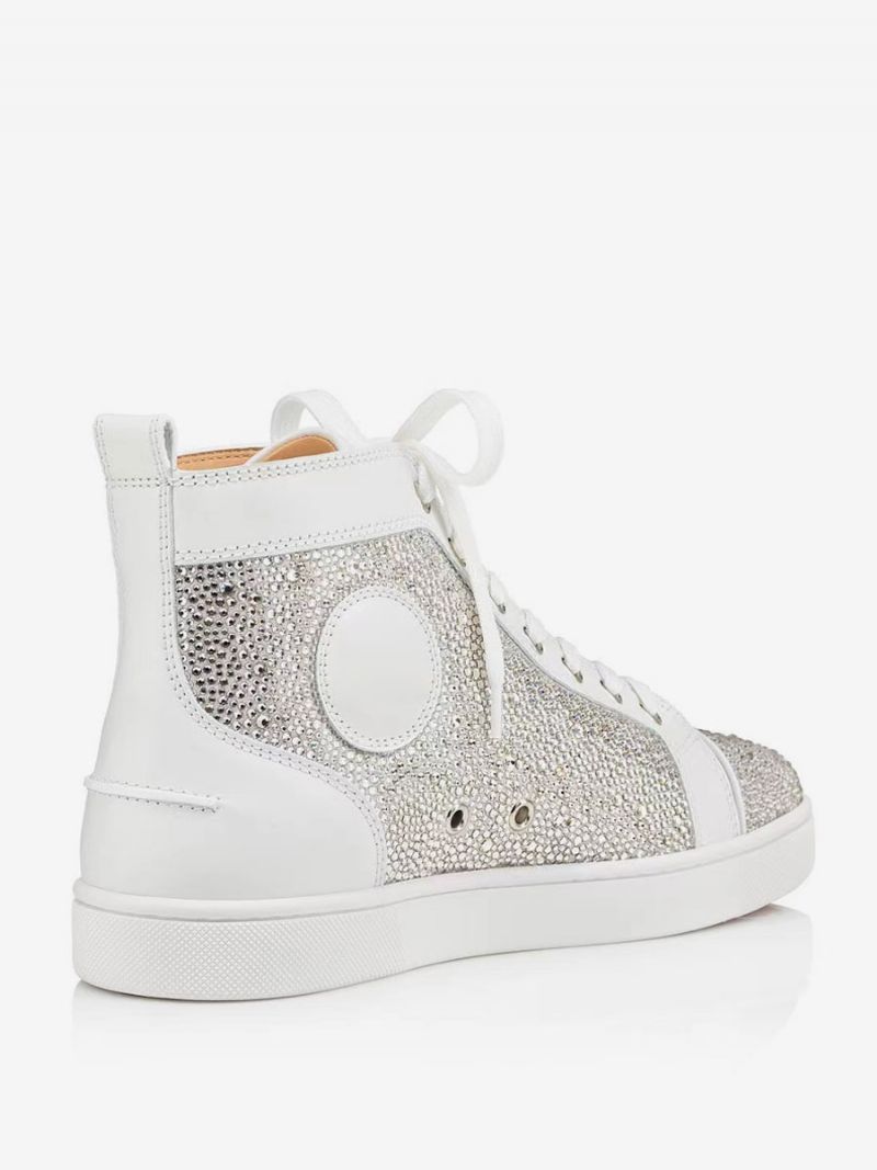 Fritidsskor För Män Vit Rund Tå Rhinestones Slip-on High Top Sneakers - Vit