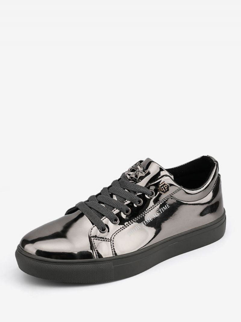 Herr Sneakers Lack Rund Tå Blå Causal Skor - Silver