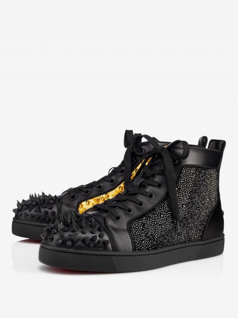 High Top Sneakers För Män Glitter Nitar Svart Rund Toe Snörning Balskor