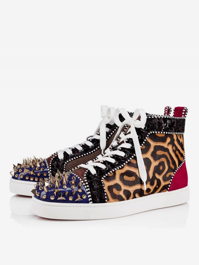 Leopardtryck För Män Med Rund Tå Snörning High Top Sneakers Nitar