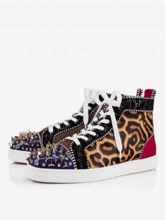 Leopardtryck För Män Med Rund Tå Snörning High Top Sneakers Nitar