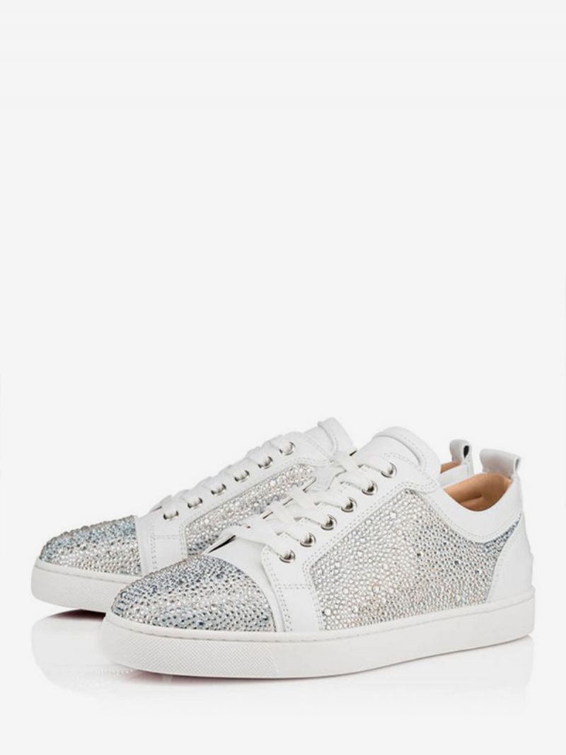 Män Herr Bal Party Sneakers Skor Mysig Mocka Läder Rund Tå Strass Konstverk - Vit