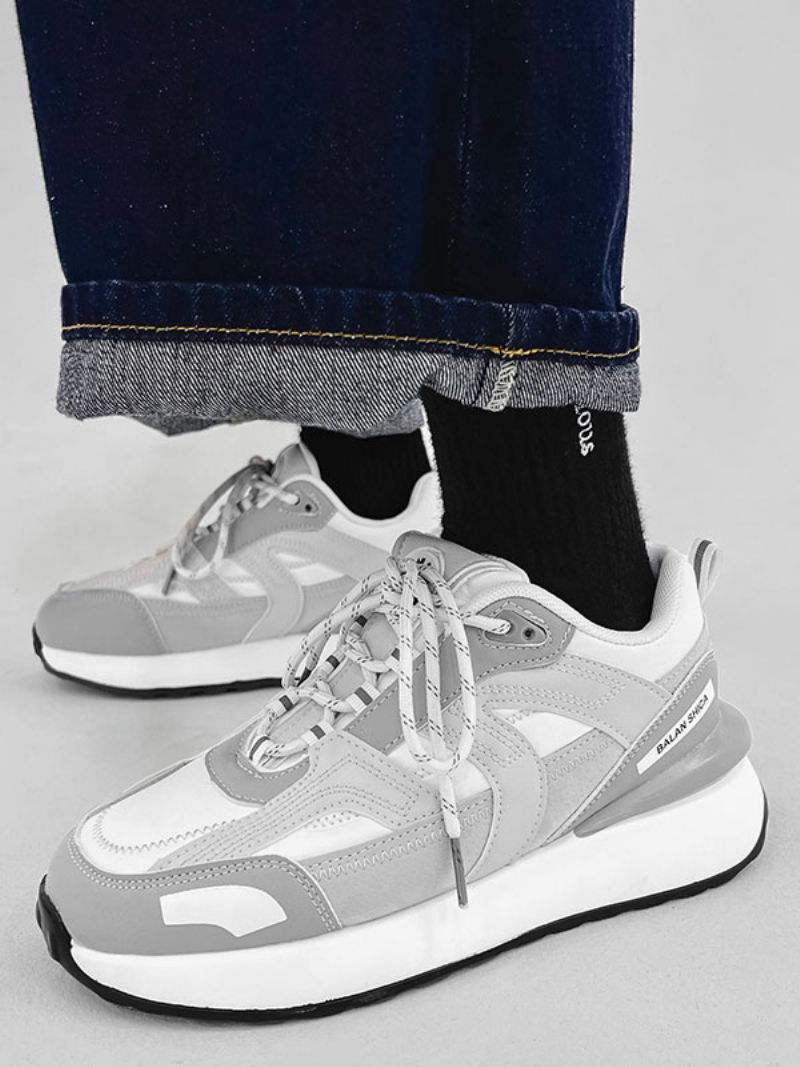 Sneakers För Män Comfy Color Block Pu-läder Rund Tå - Grå