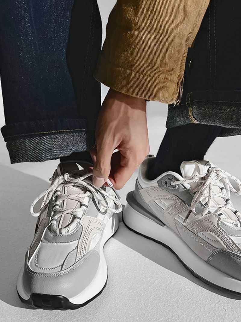 Sneakers För Män Comfy Color Block Pu-läder Rund Tå - Grå