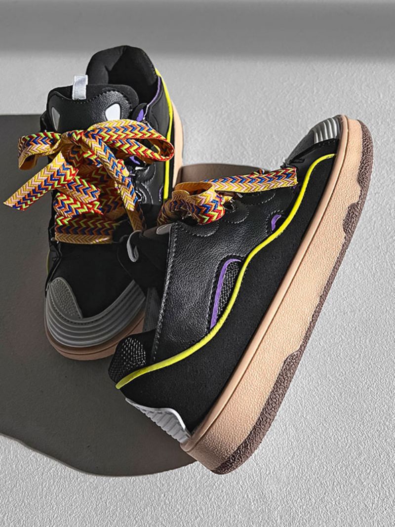 Sneakers För Män Cozy Color Block Pu Läder Rund Toe - Svart