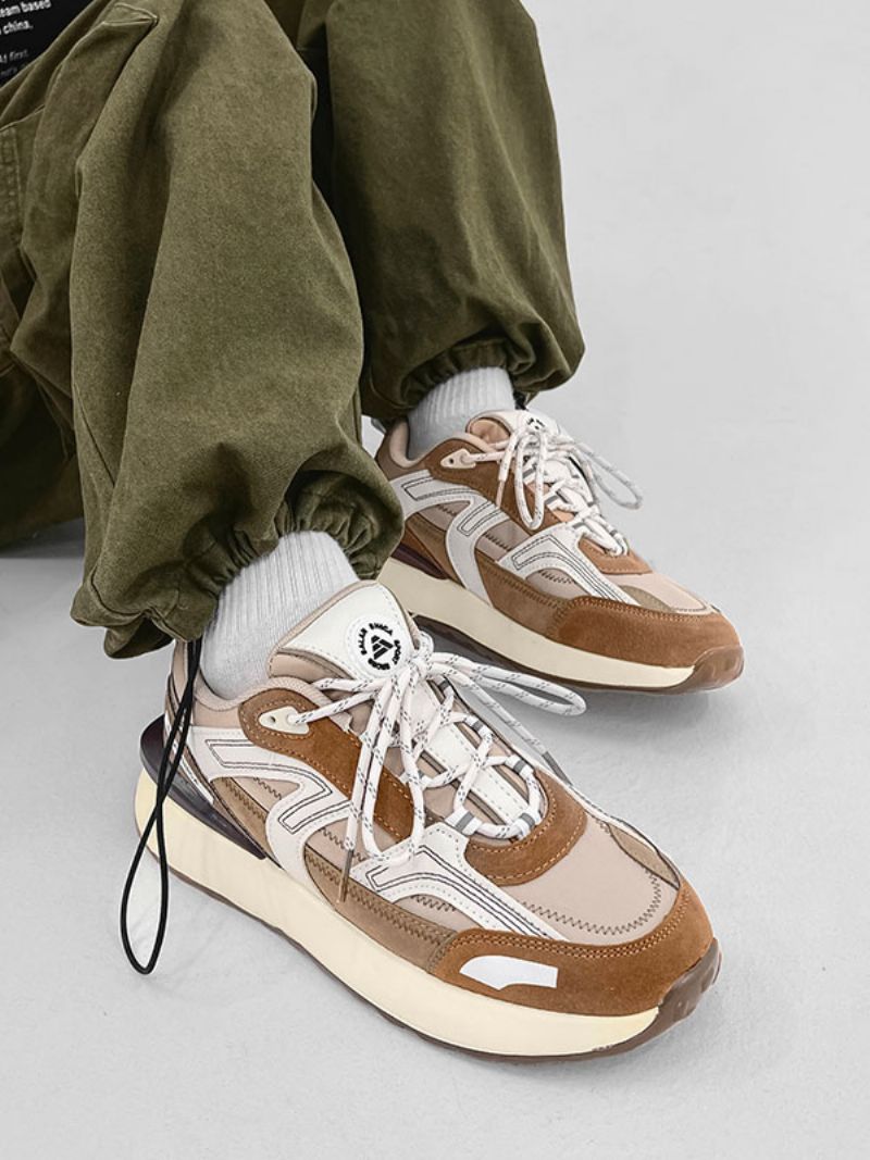 Sneakers För Män Cozy Color Block Pu Läder Rund Toe - Kaffe Brun