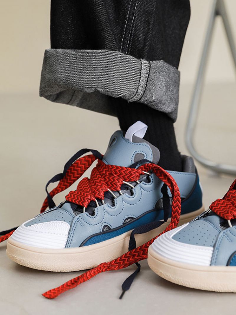 Sneakers För Män Fashion Color Block Pu-läder Rund Tå - Blå