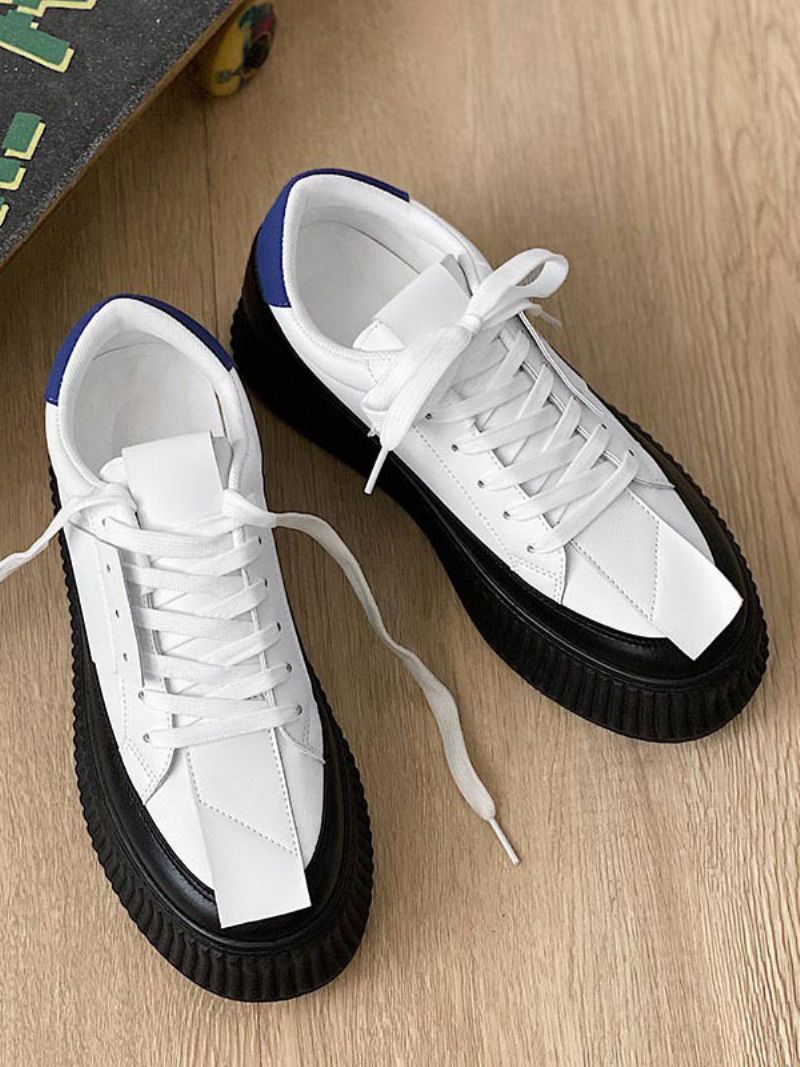 Sneakers Med Tjock Klack För Män Vit Designad Snörning - Svart