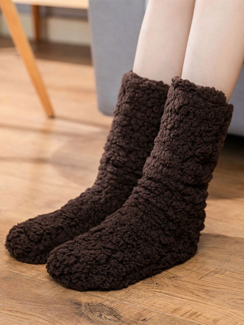 Svarta Strumpor Hög Kvalitet Fluffy Stickad Vinter Tjock Varm Mysig Fuzzy Calcetines Felpa Floor Invierno Damstrumpor - Kaffebrun