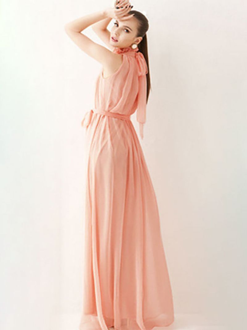 Dam Halter Sundress Jewel Neck Lace Up Chiffon Beach Prom Maxiklänningar - Rosa