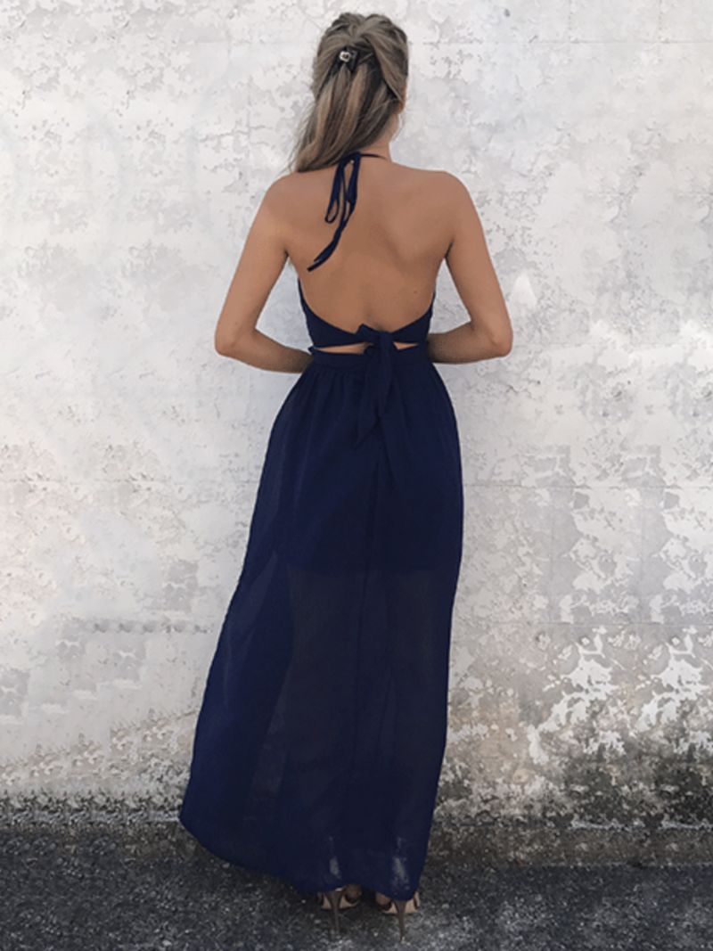 Dam Maxiklänning Halter Twisted Long Split Backless Mörk Marinblå Chiffong Sexig Klänning - Mörk Marinblå