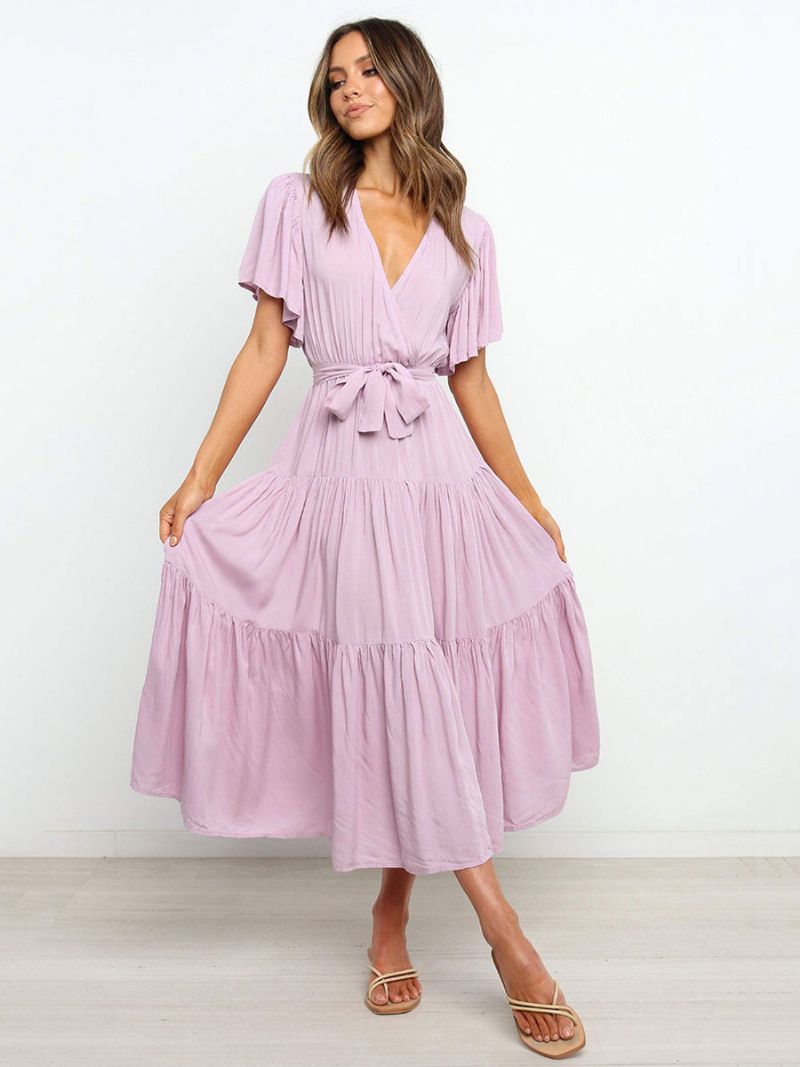 Kvinnor Maxiklänningar Korta Ärmar Lavendel V-ringad Lace Up Layered Summer Long Dress