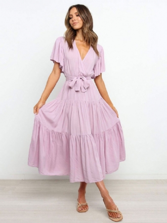 Kvinnor Maxiklänningar Korta Ärmar Lavendel V-ringad Lace Up Layered Summer Long Dress