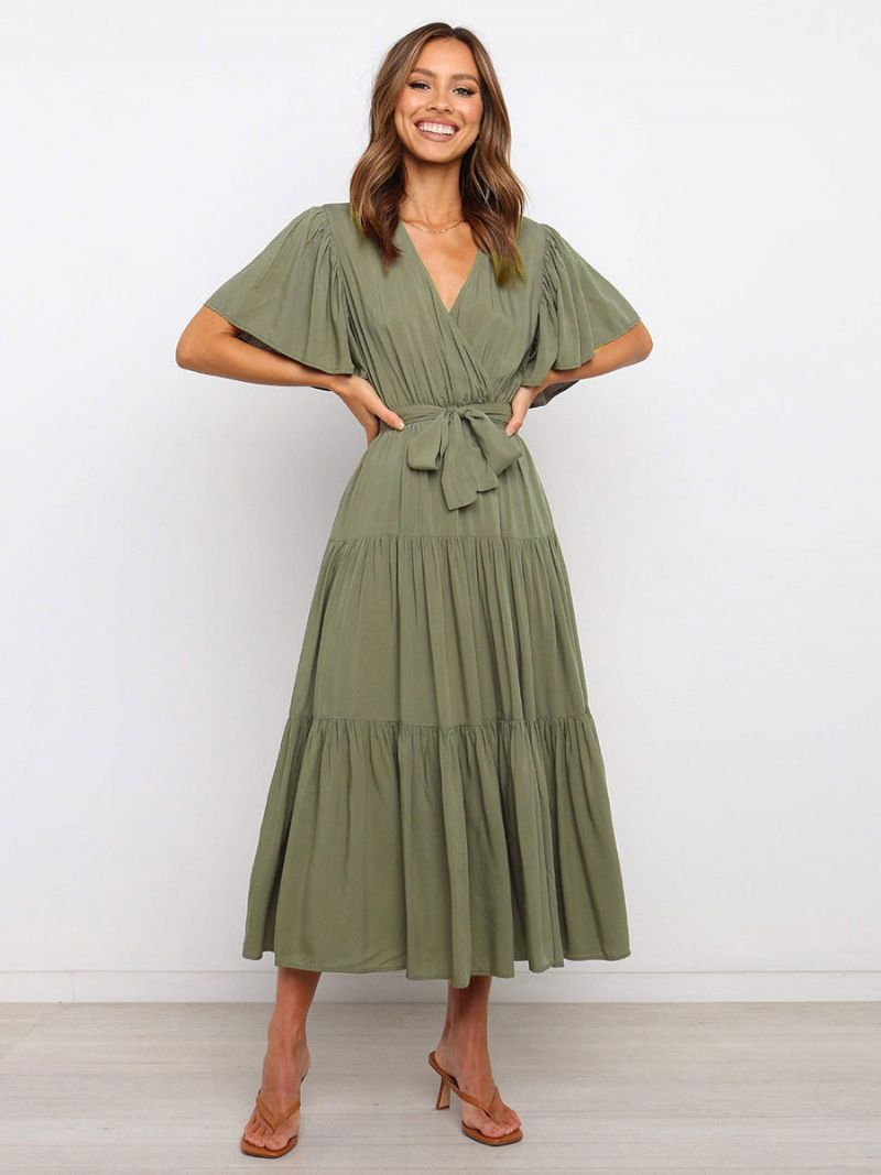 Kvinnor Maxiklänningar Korta Ärmar Lavendel V-ringad Lace Up Layered Summer Long Dress - Hunter Green