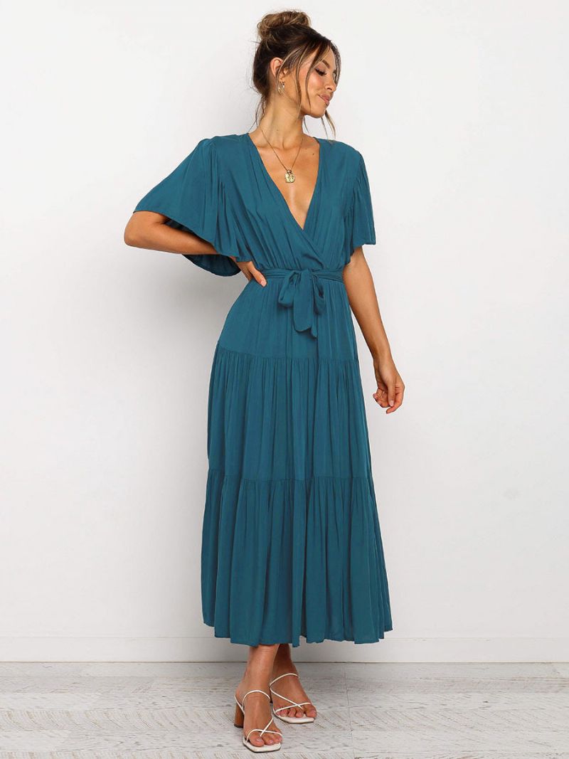 Kvinnor Maxiklänningar Korta Ärmar Lavendel V-ringad Lace Up Layered Summer Long Dress - Mörkgrön