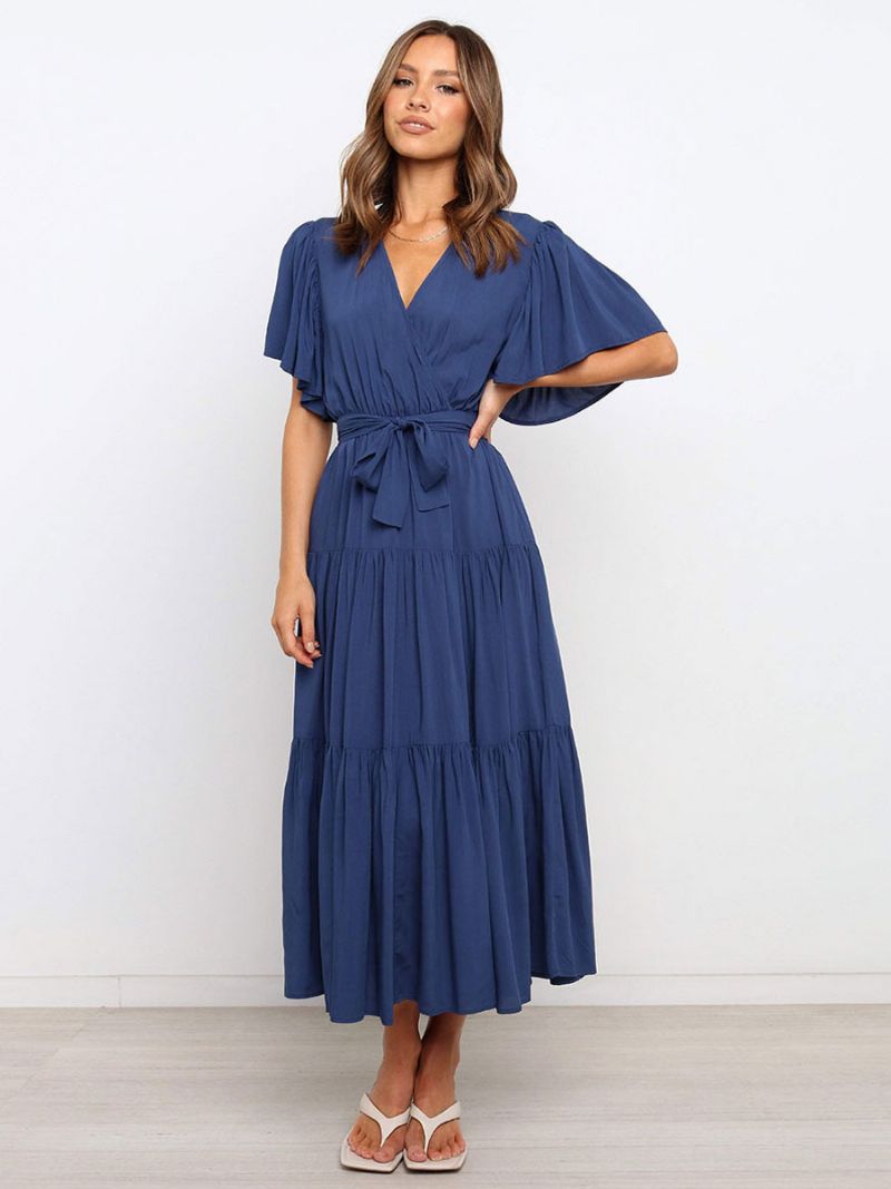 Kvinnor Maxiklänningar Korta Ärmar Lavendel V-ringad Lace Up Layered Summer Long Dress - Djupblå