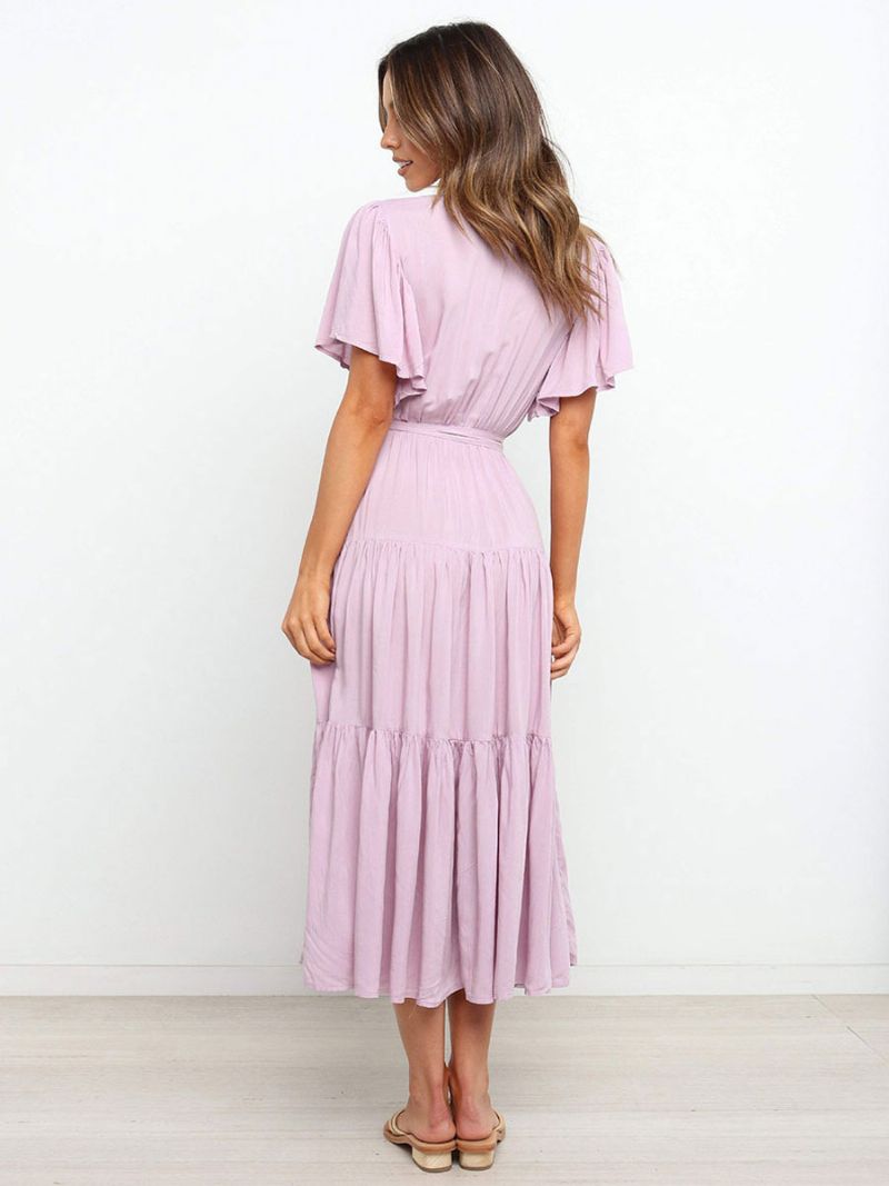 Kvinnor Maxiklänningar Korta Ärmar Lavendel V-ringad Lace Up Layered Summer Long Dress - Lavendel