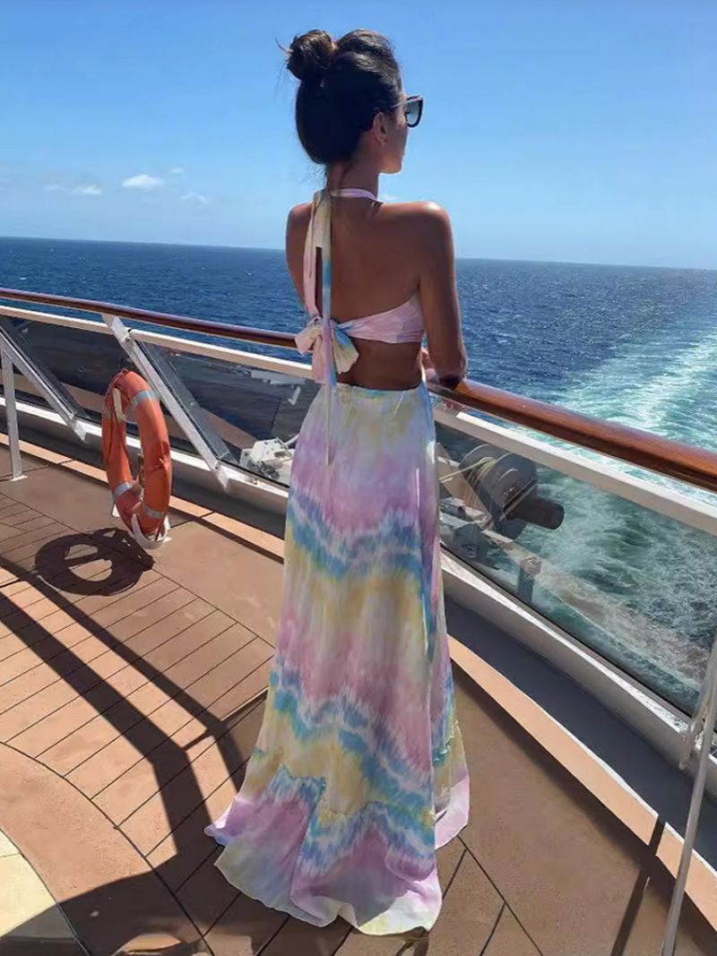 Kvinnors Boho Klänning Målning Halter Ring Detaljer Backless Resort Casual Maxiklänningar - Vit