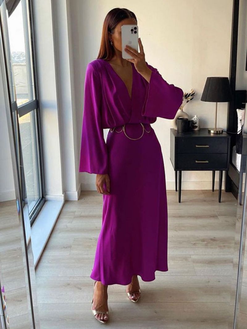 Kvinnors Festklänningar Grape V-hals Plisserad Långärmad Layered Prom Maxi Dress