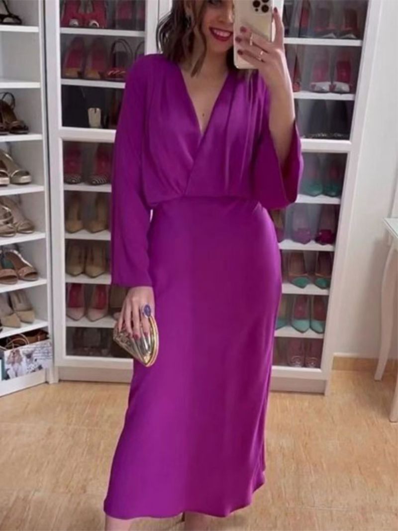 Kvinnors Festklänningar Grape V-hals Plisserad Långärmad Layered Prom Maxi Dress - Druva