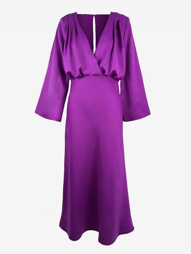 Kvinnors Festklänningar Grape V-hals Plisserad Långärmad Layered Prom Maxi Dress - Druva