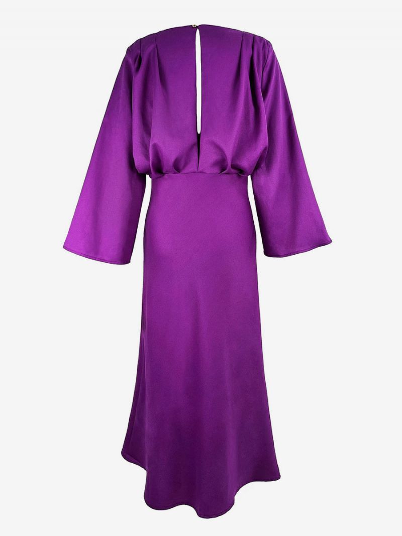 Kvinnors Festklänningar Grape V-hals Plisserad Långärmad Layered Prom Maxi Dress - Druva