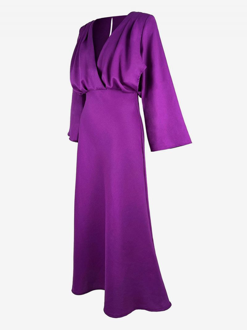 Kvinnors Festklänningar Grape V-hals Plisserad Långärmad Layered Prom Maxi Dress - Druva