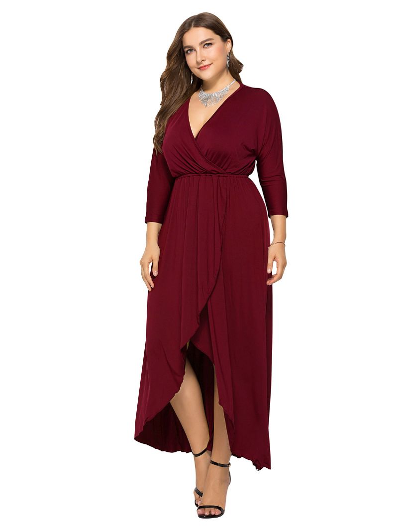 Kvinnors Plus Size Maxiklänning Beep Blue Långärmad V-ringad Oversized Lång Klänning - Burgogne