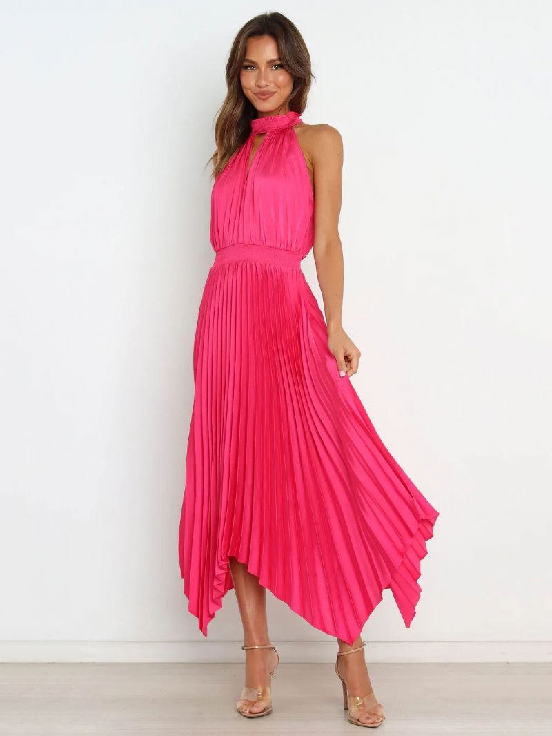 Sommarklänning För Kvinnor Med Hög Krage Plisserad Oregelbunden Rose Long Beach Dress - Ros