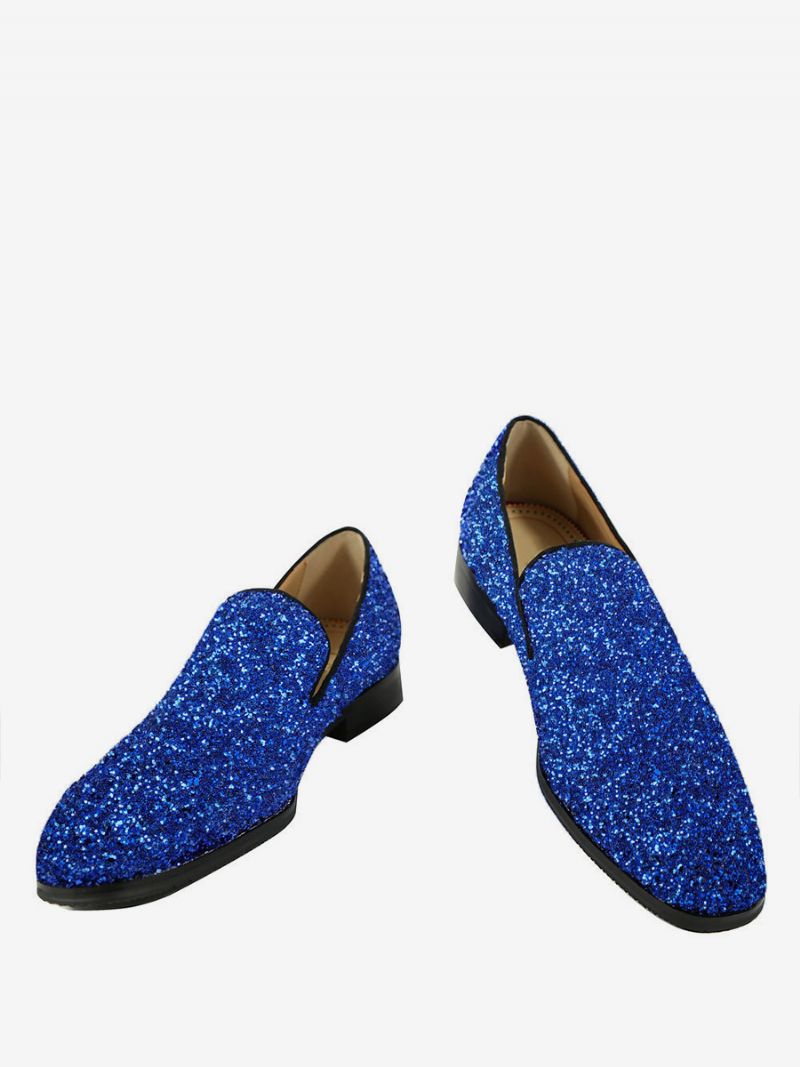 Herr Blå Glitter Paljetter Loafers Rund Tå Slip-on Prom Party Bröllopsskor