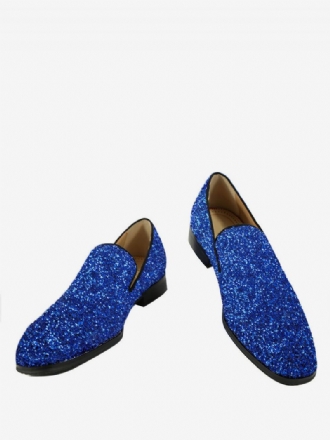 Herr Blå Glitter Paljetter Loafers Rund Tå Slip-on Prom Party Bröllopsskor