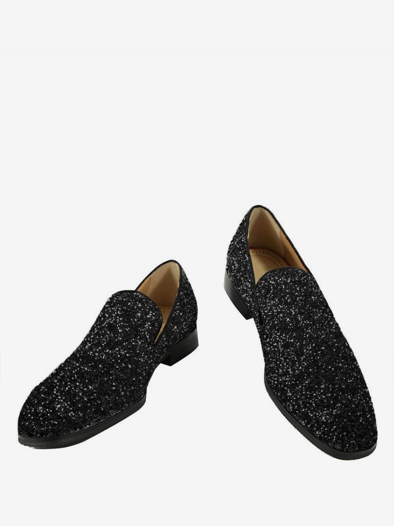 Herr Blå Glitter Paljetter Loafers Rund Tå Slip-on Prom Party Bröllopsskor - Svart