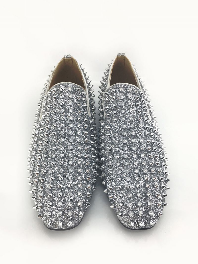 Herr Guld Glitter Spike Loafers Slip-on Prom Party Bröllopsskor - Silver