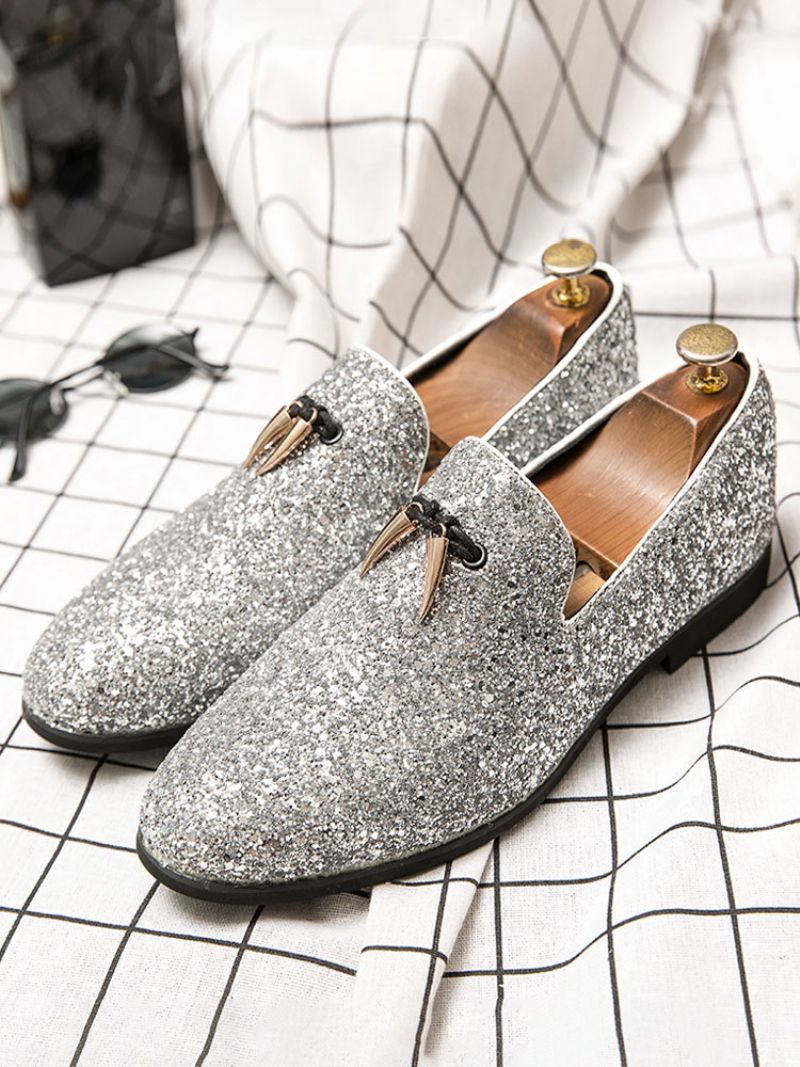 Herr Loafer Bal Party Bröllopsskor Svart Glitter Slip-on Rund Toe Klänning - Silver