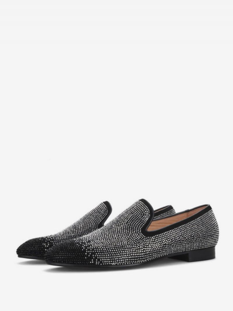 Herr Loafer För Män Svart & Silver Kristall Strass Slipper Slip-on Rund Tå Mocka Övre Prom Party Bröllopsskor