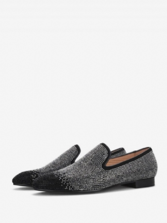 Herr Loafer För Män Svart & Silver Kristall Strass Slipper Slip-on Rund Tå Mocka Övre Prom Party Bröllopsskor