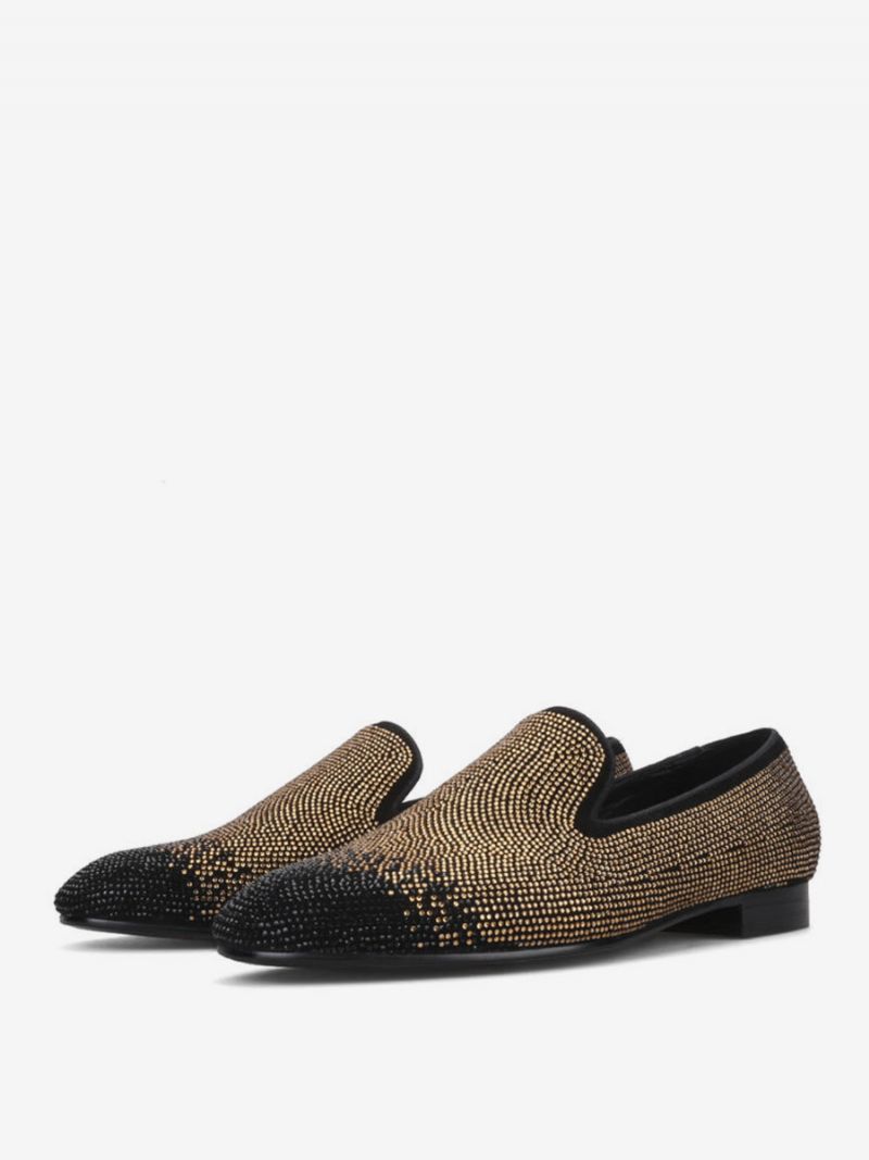 Herr Loafer För Män Svart & Silver Kristall Strass Slipper Slip-on Rund Tå Mocka Övre Prom Party Bröllopsskor - Djupt Ljusgul