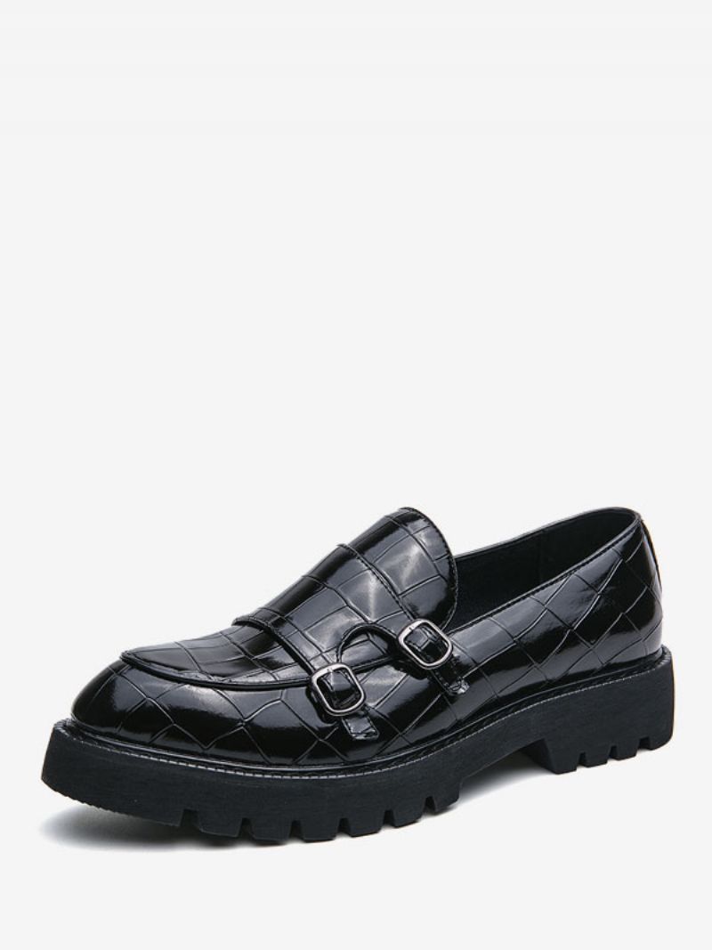 Herr Loafer Skor Pu Läder Monk Strap Pläd Slip-on - Svart