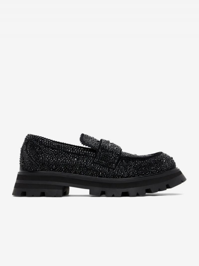 Herr Loaferskor För Män Slip-on Rhinestones Rund Tå Mocka Läder Bal Party Bröllopsskor - Svart