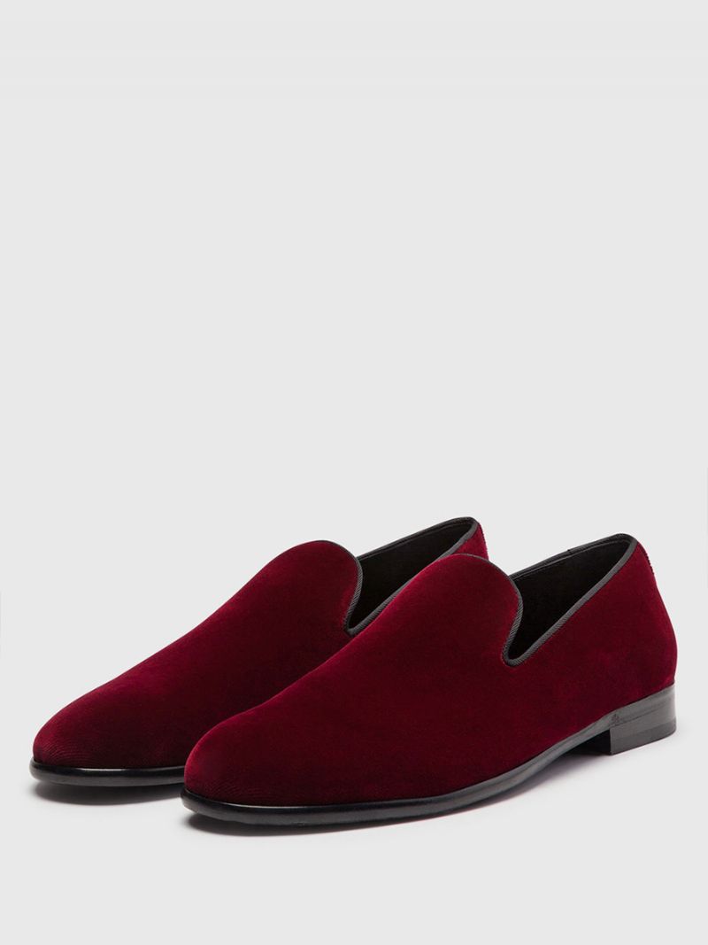 Herr Röda Sammetstofflor Loafers Prom Bröllopsskor Rund Tå Slip-on Skor