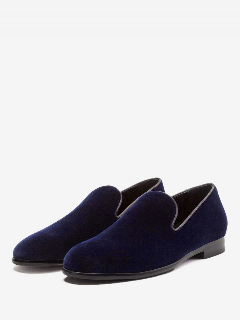 Herr Röda Sammetstofflor Loafers Prom Bröllopsskor Rund Tå Slip-on Skor - Deep Blue