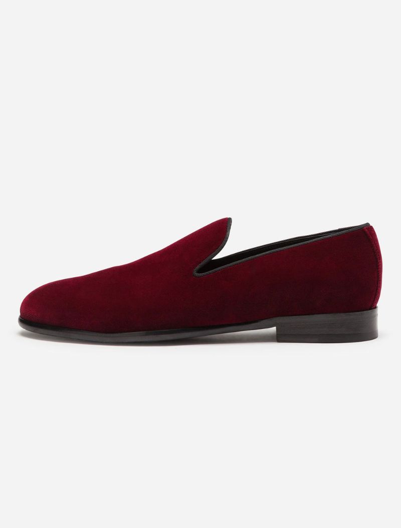 Herr Röda Sammetstofflor Loafers Prom Bröllopsskor Rund Tå Slip-on Skor - Bourgogne