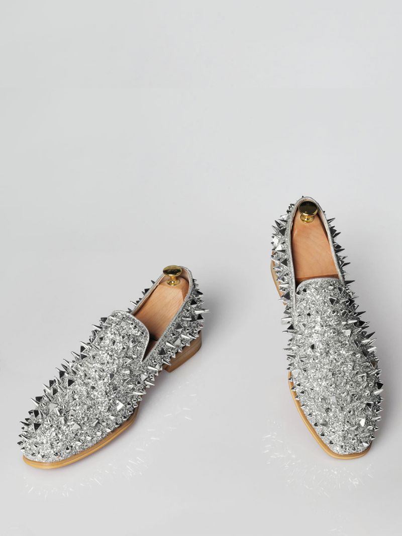 Herr Silver Spike Loafers För Män Med Nitar Prom Party Bröllopsskor