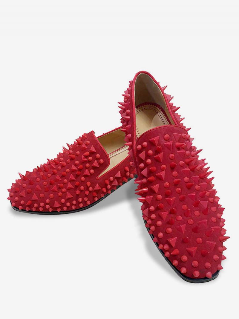 Herr Svarta Glänsande Nitar Glitter Handgjorda Dubbar Spike Loafers Slip-on Round Toe Bal Party Bröllopsskor - Röd